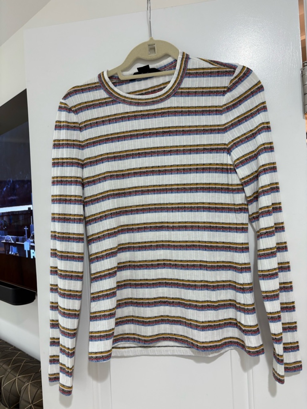 Veronica Beard White Ribbed Long Sleeve Tee with Multicolor Stripes